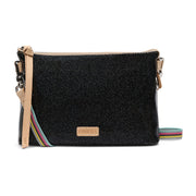 Black glittery crossbody bag with colorful strap on a white background