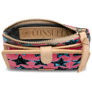 Pink pouch with star pattern and beige interior, featuring Consuela brand.