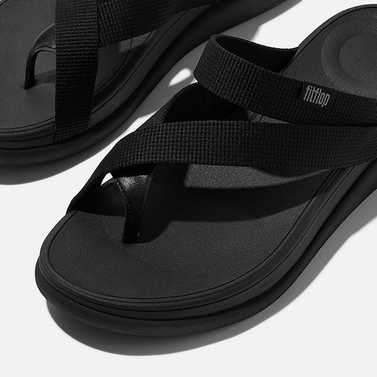 FitFlop Womens F-Mode Go Webbing Flatform Sling Toe Post All Black