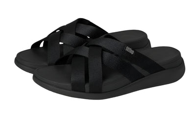 FitFlop Womens F-Mode Go Webbing Flatform Strappy Slide All Black 