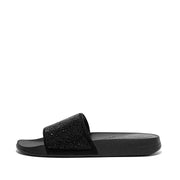 FitFlop Womens Iqushion Water Resistant Crystal Slides All Black