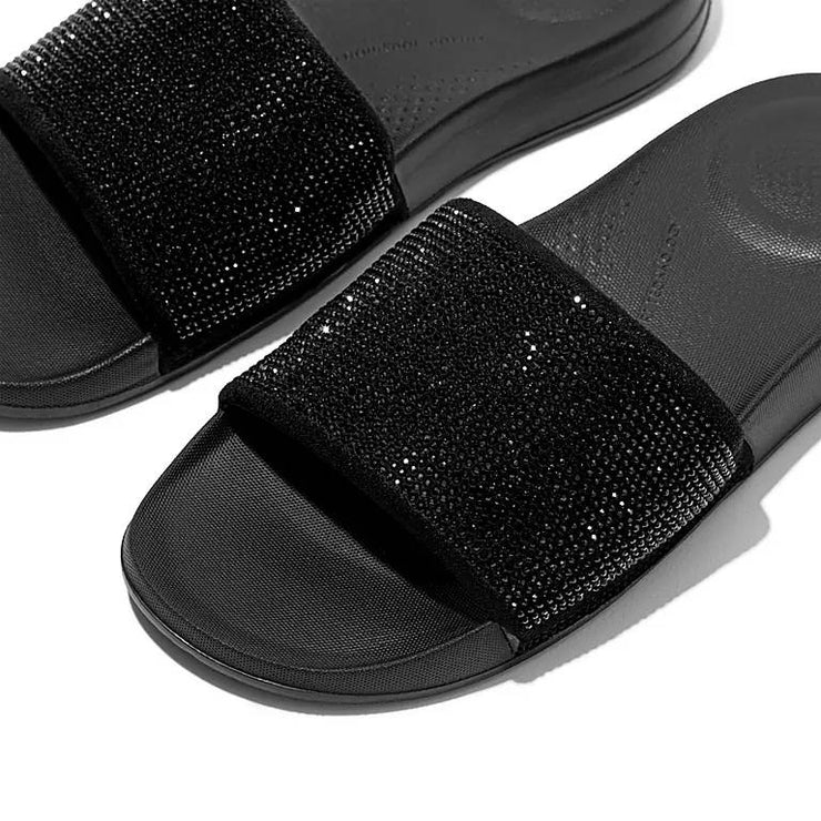 FitFlop Womens Iqushion Water Resistant Crystal Slides All Black