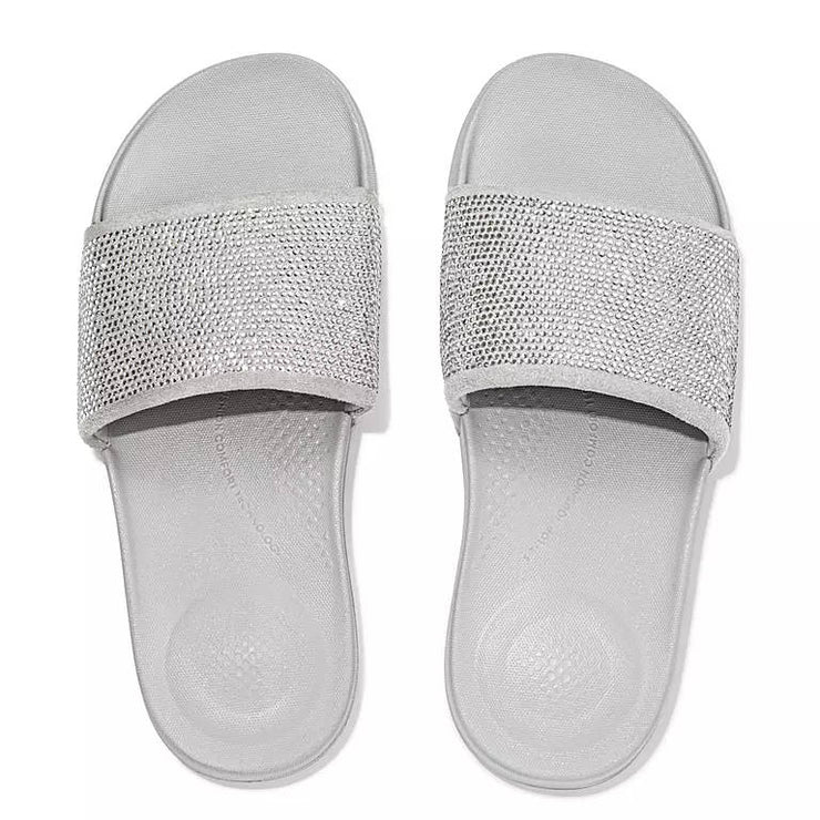 FitFlop Womens Iqushion Water Resistant Crystal Slides Soft Grey